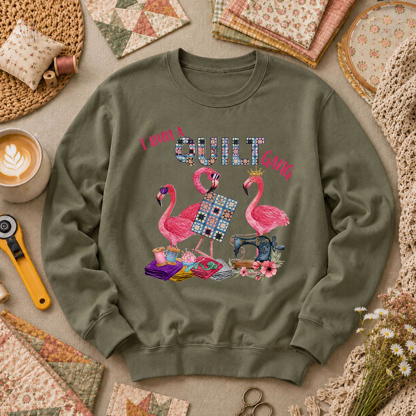 I Run A Quilt Gang Flamingos Long Sleeve - Military Green