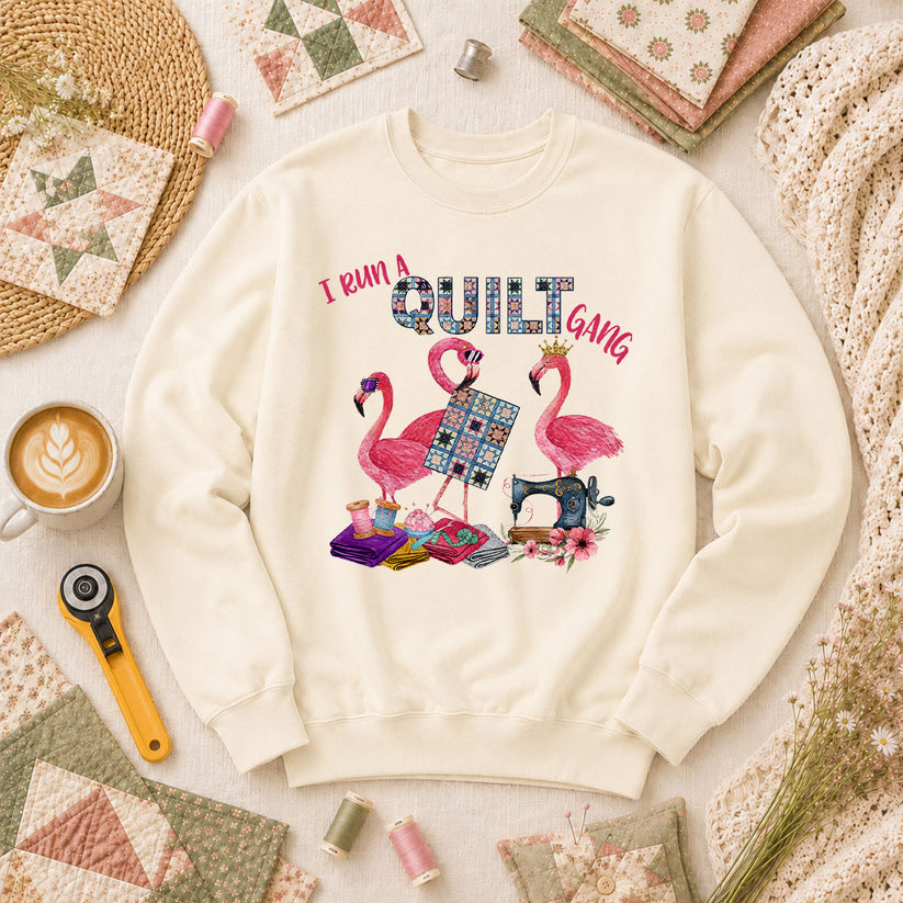 I Run A Quilt Gang Flamingos Long Sleeve - Natural