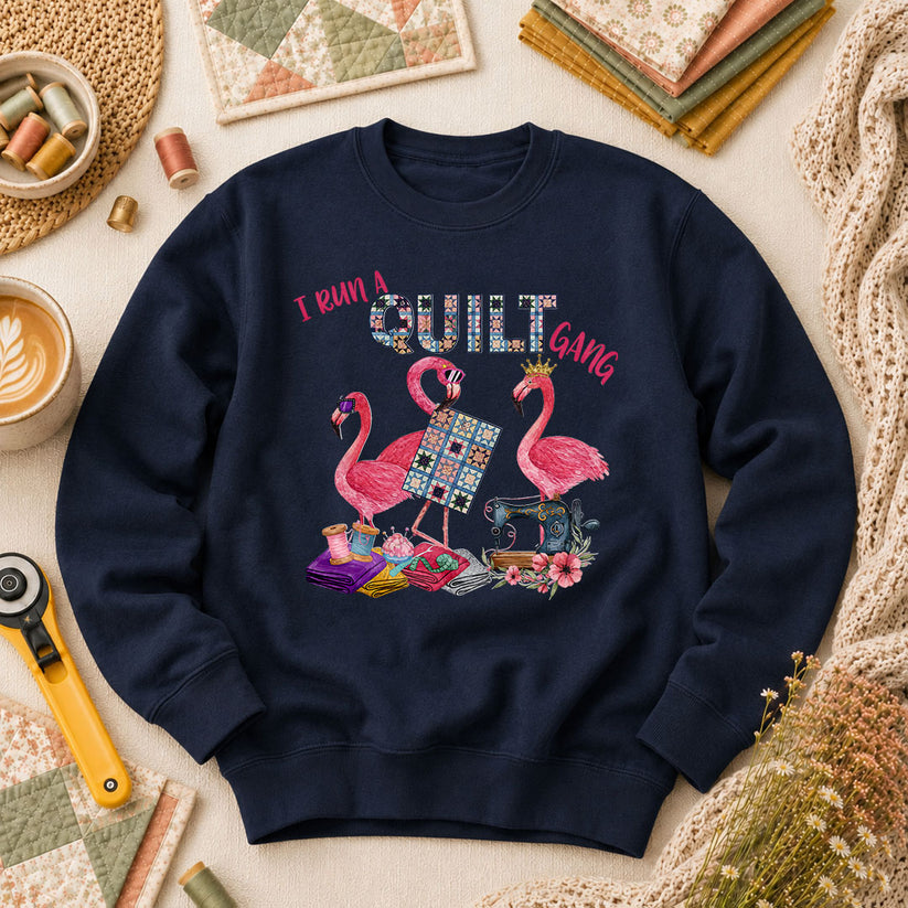I Run A Quilt Gang Flamingos Long Sleeve - Navy