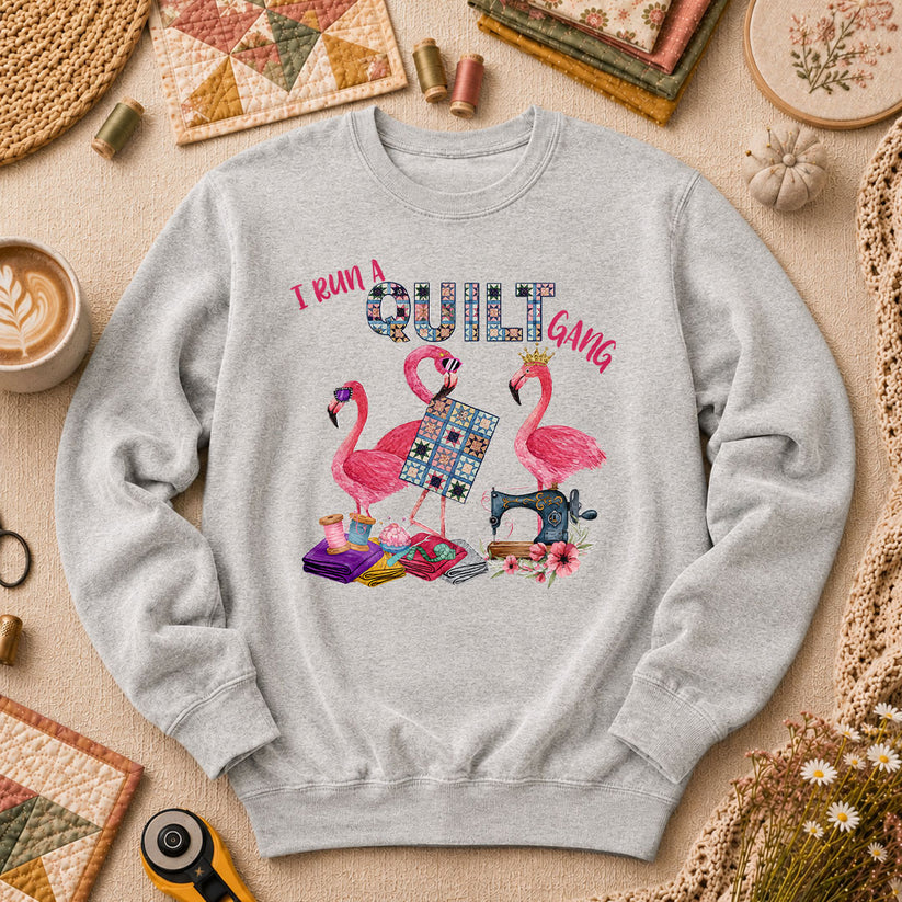 I Run A Quilt Gang Flamingos Long Sleeve - Sport Grey