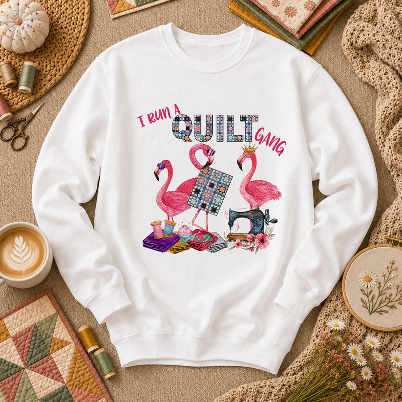 I Run A Quilt Gang Flamingos Long Sleeve - White