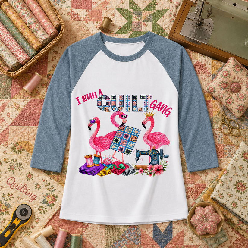 I Run A Quilt Gang Flamingos Raglan Sleeve - Denim