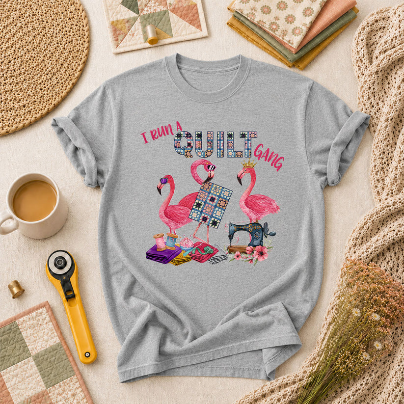 I Run A Quilt Gang Flamingos T-Shirt - Athletic Heather