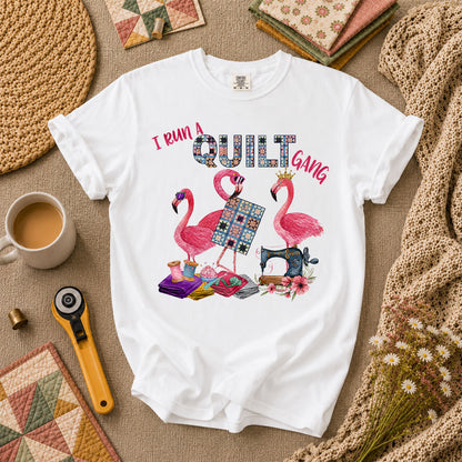 I Run A Quilt Gang Flamingos T-Shirt - White