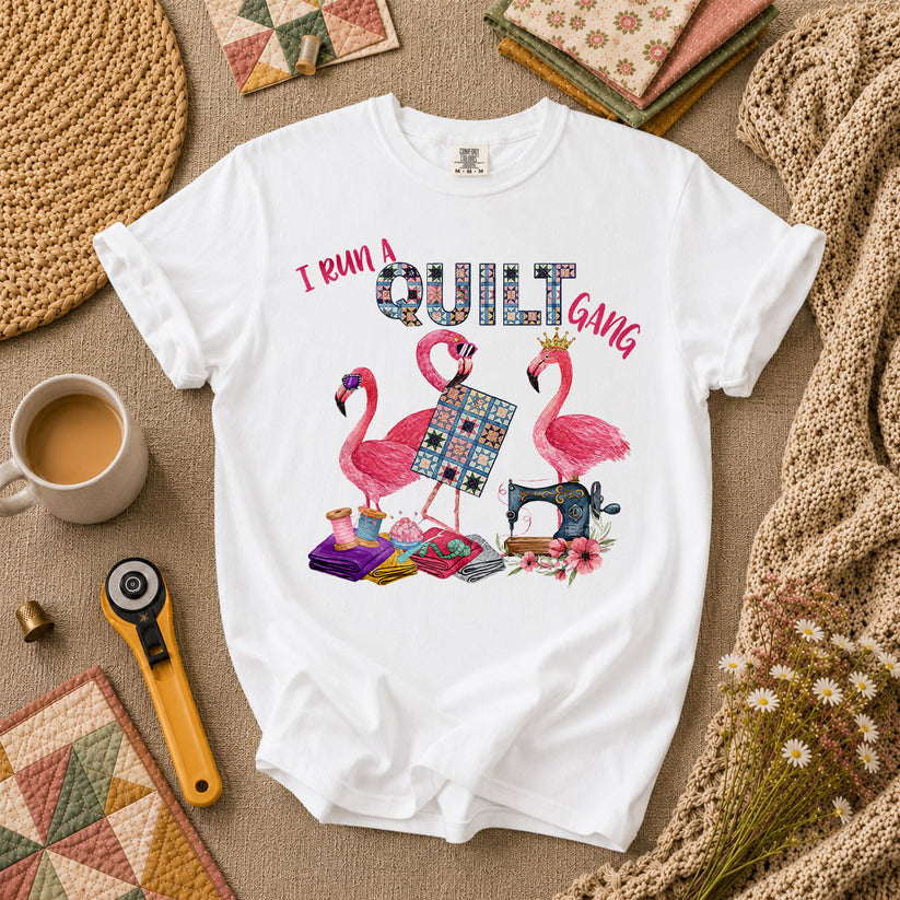 I Run A Quilt Gang Flamingos T-Shirt - White