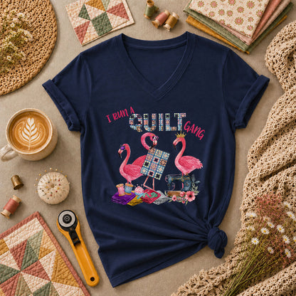 I Run A Quilt Gang Flamingos Women's V-Neck - Navy
