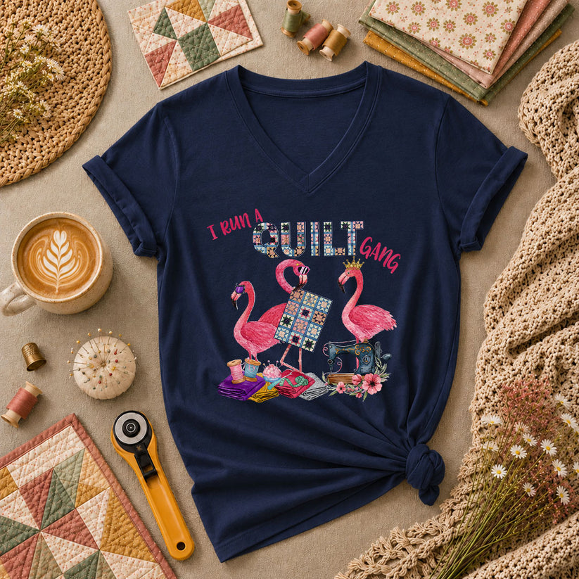 I Run A Quilt Gang Flamingos Women's V-Neck - Navy