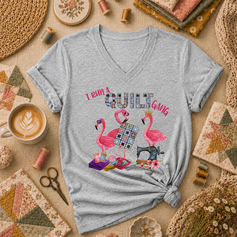 I Run A Quilt Gang Flamingos Women's V-Neck - Sport Grey