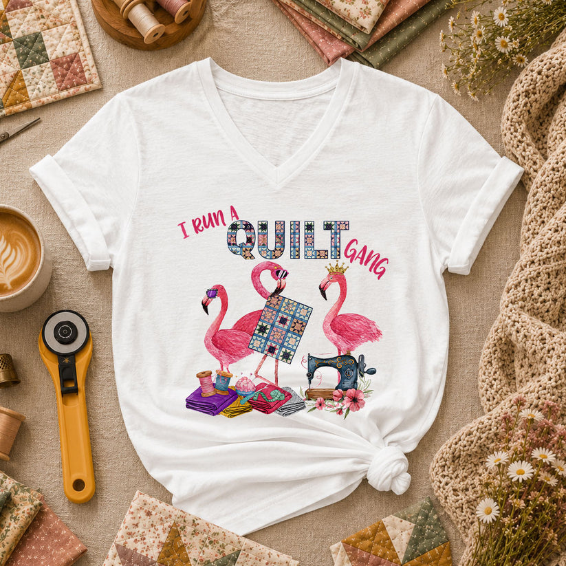 I Run A Quilt Gang Flamingos Women's V-Neck - White