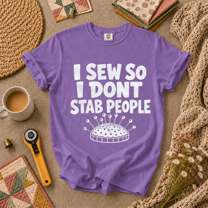 I Sew So I Dont Stab People Funny T-Shirt - Heather Team Purple