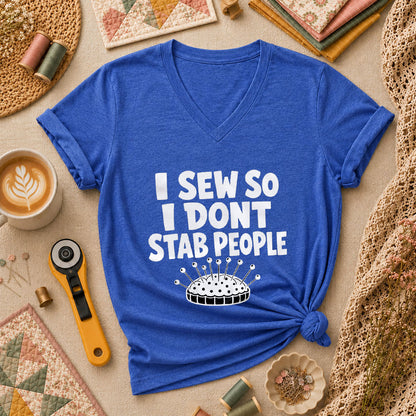 I Sew So I Dont Stab People Funny Women's V-Neck - Heather True Royal