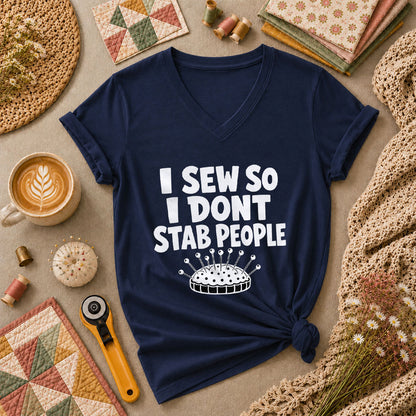 I Sew So I Dont Stab People Funny Women's V-Neck - Navy