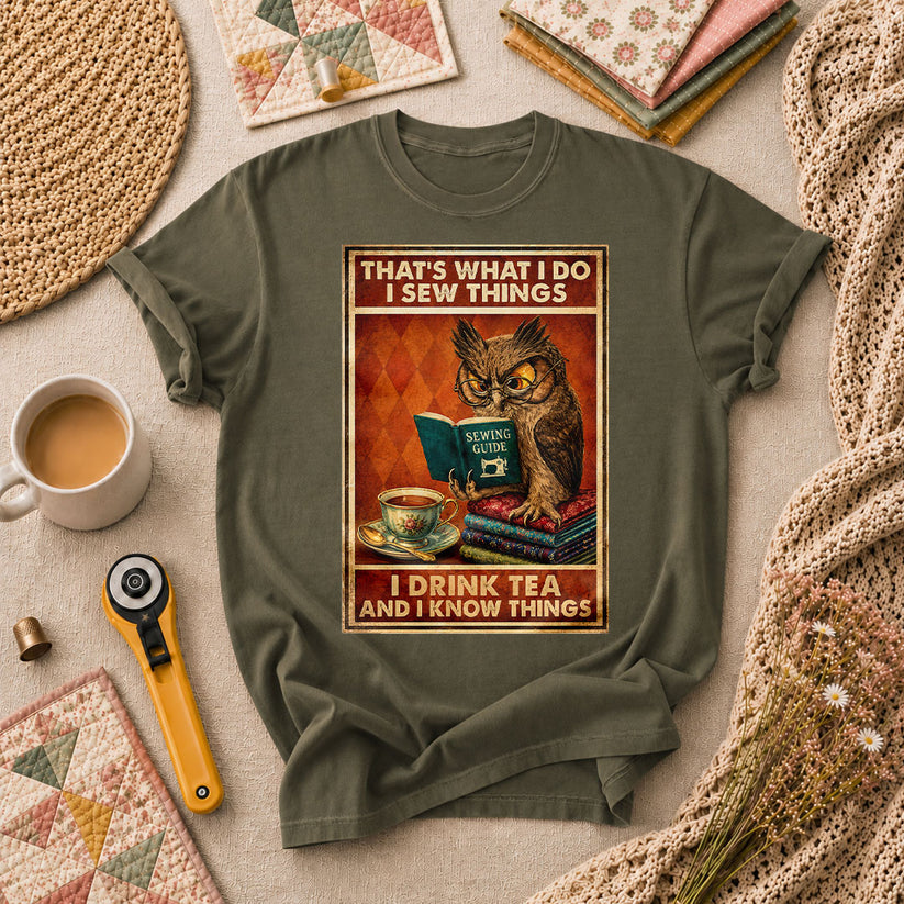 I Sew Things I Drink Tea And Know Things Owl T-Shirt - Military Green