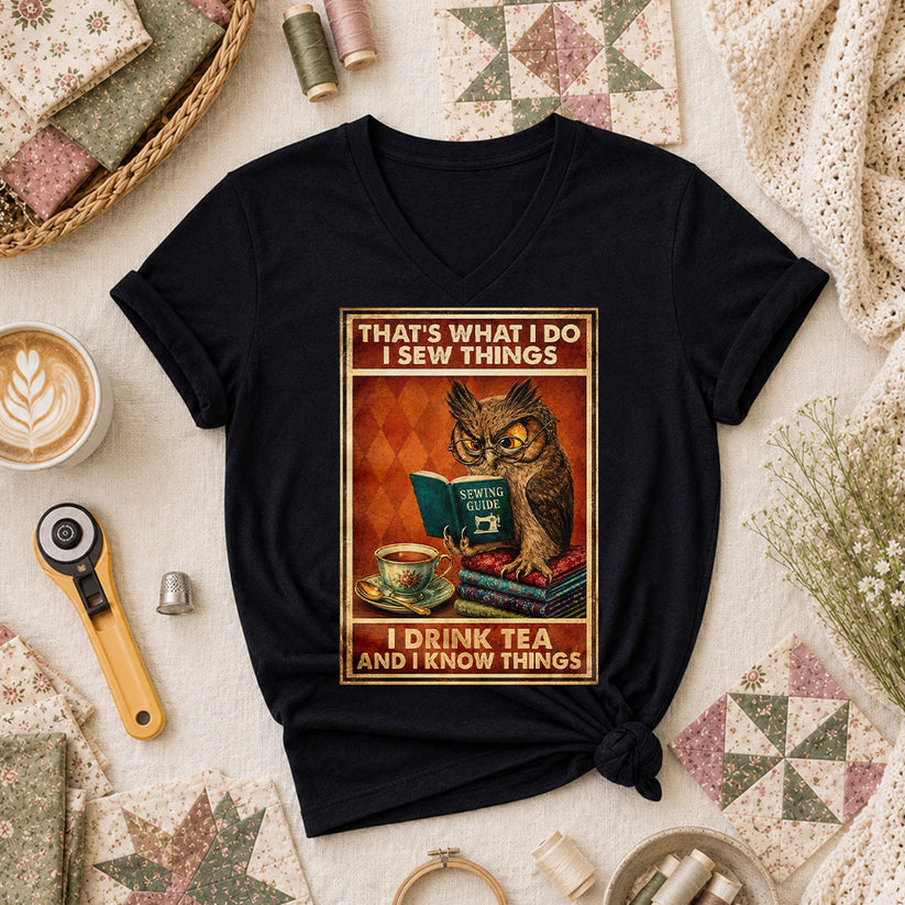 I Sew Things I Drink Tea And Know Things Owl Women's V-Neck - Black