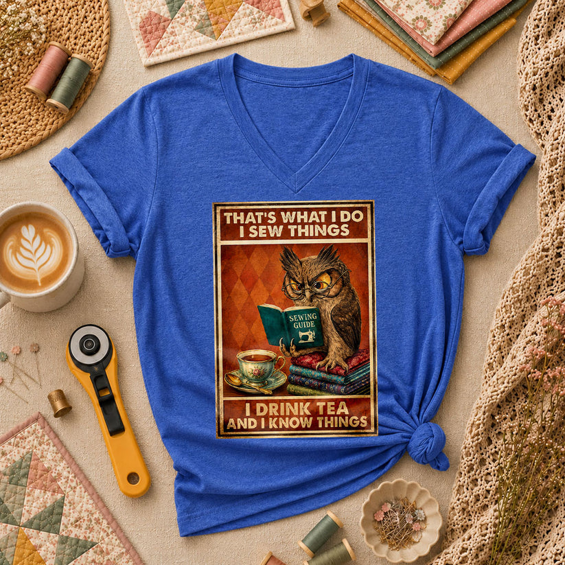 I Sew Things I Drink Tea And Know Things Owl Women's V-Neck - Heather True Royal
