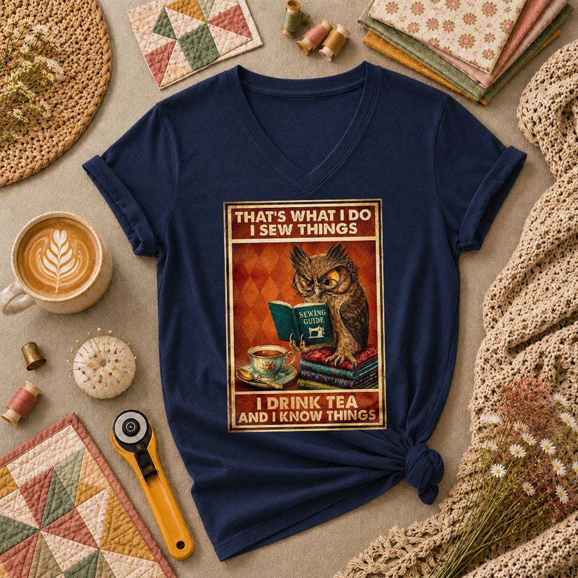 I Sew Things I Drink Tea And Know Things Owl Women's V-Neck - Navy