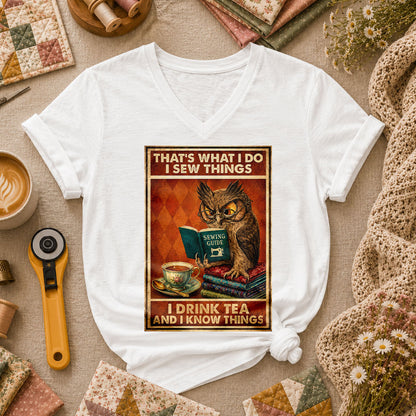 I Sew Things I Drink Tea And Know Things Owl Women's V-Neck - White