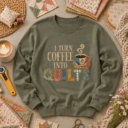 I Turn Coffee Into Quilts Long Sleeve - Military Green