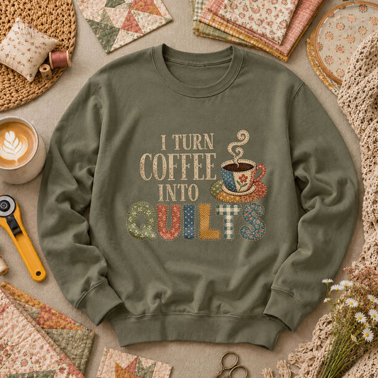 I Turn Coffee Into Quilts Long Sleeve - Military Green