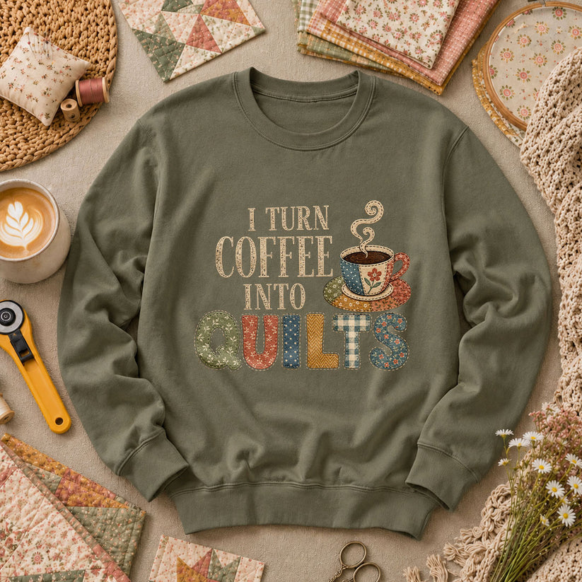 I Turn Coffee Into Quilts Long Sleeve - Military Green