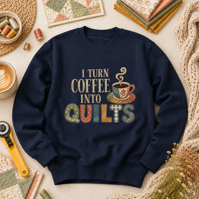 I Turn Coffee Into Quilts Long Sleeve - Navy