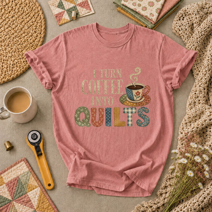I Turn Coffee Into Quilts T-Shirt - Heather Mauve