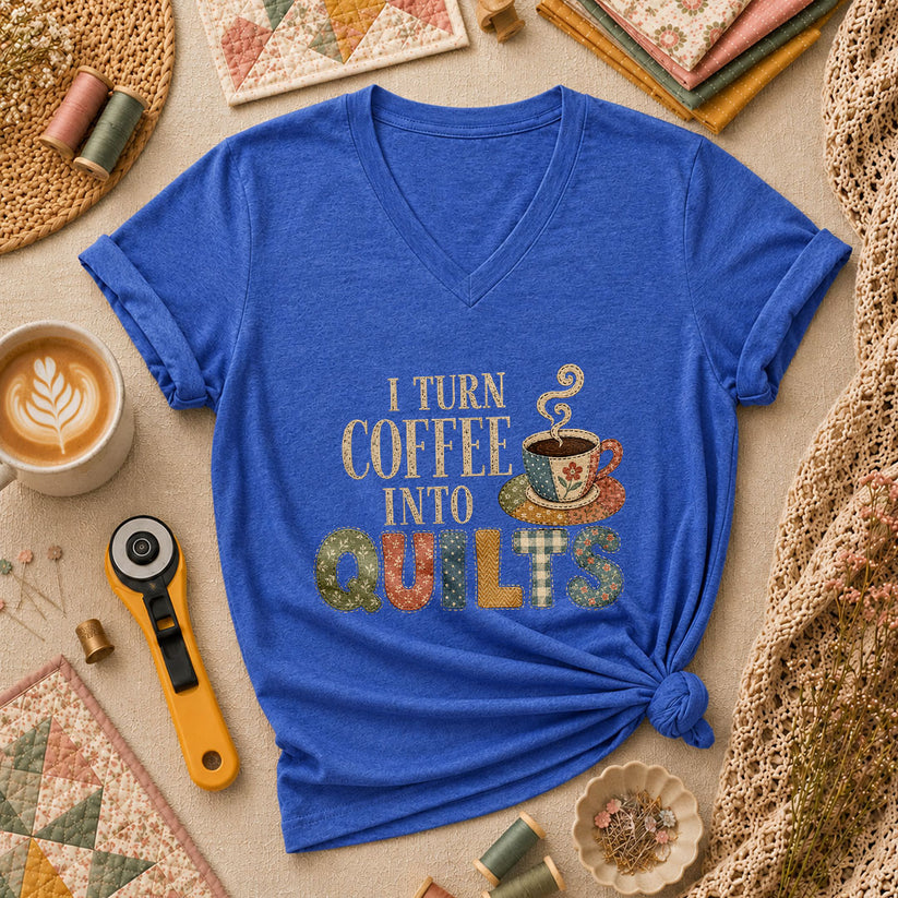 I Turn Coffee Into Quilts Women's V-Neck - Heather True Royal