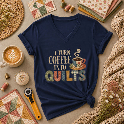I Turn Coffee Into Quilts Women's V-Neck - Navy