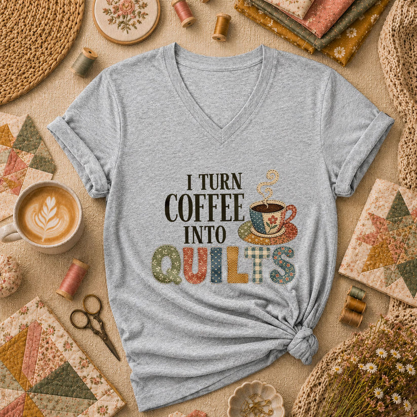 I Turn Coffee Into Quilts Women's V-Neck - Sport Grey