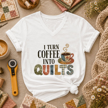I Turn Coffee Into Quilts Women's V-Neck - White