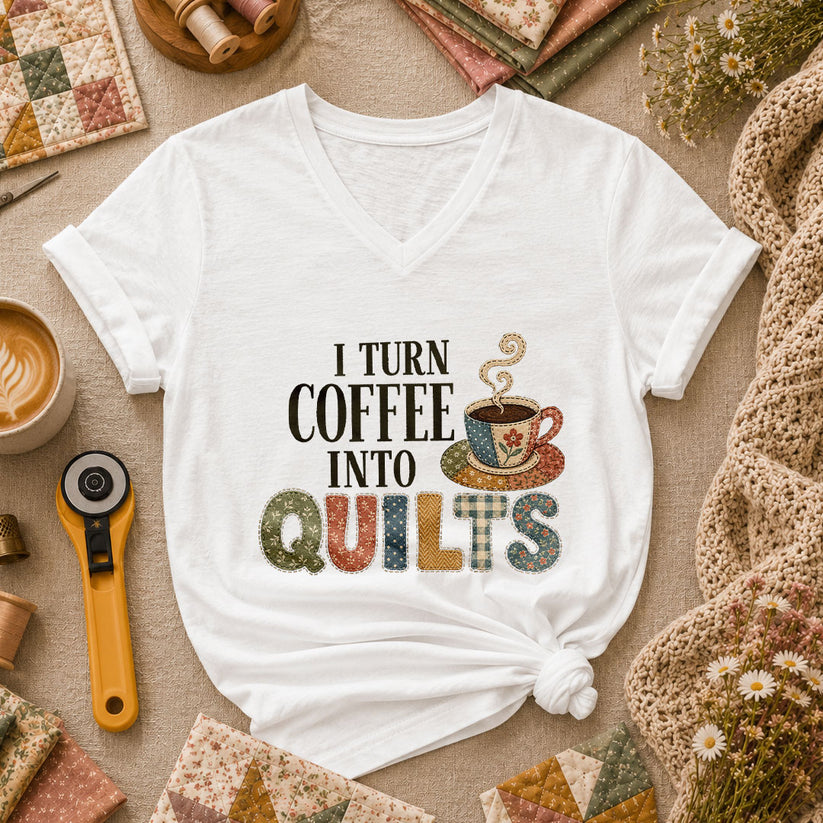 I Turn Coffee Into Quilts Women's V-Neck - White