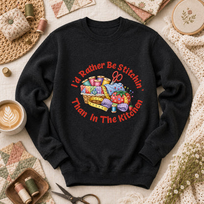 I'd Rather Be Stitchin' Than In The Kitchen Long Sleeve - Black