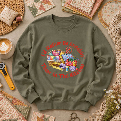 I'd Rather Be Stitchin' Than In The Kitchen Long Sleeve - Military Green