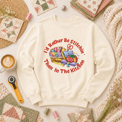 I'd Rather Be Stitchin' Than In The Kitchen Long Sleeve - Natural