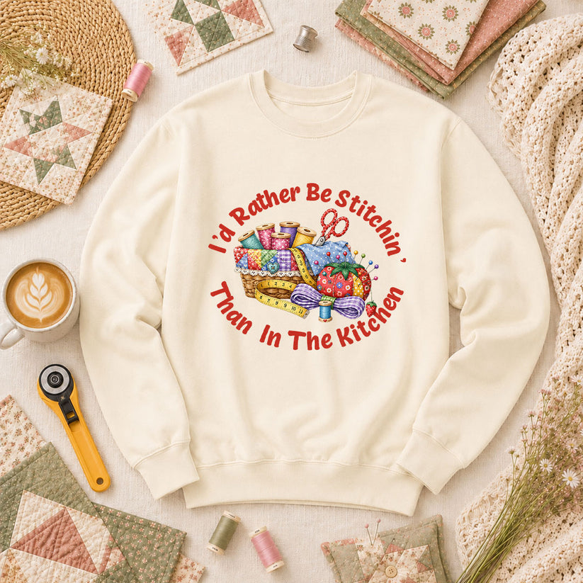 I'd Rather Be Stitchin' Than In The Kitchen Long Sleeve - Natural