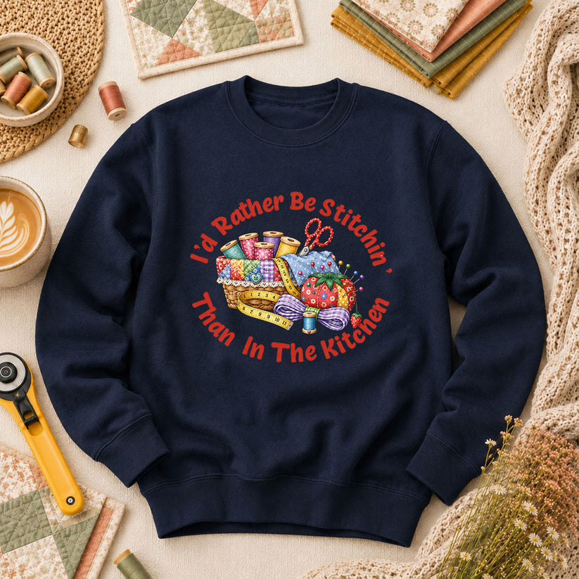 I'd Rather Be Stitchin' Than In The Kitchen Long Sleeve - Navy