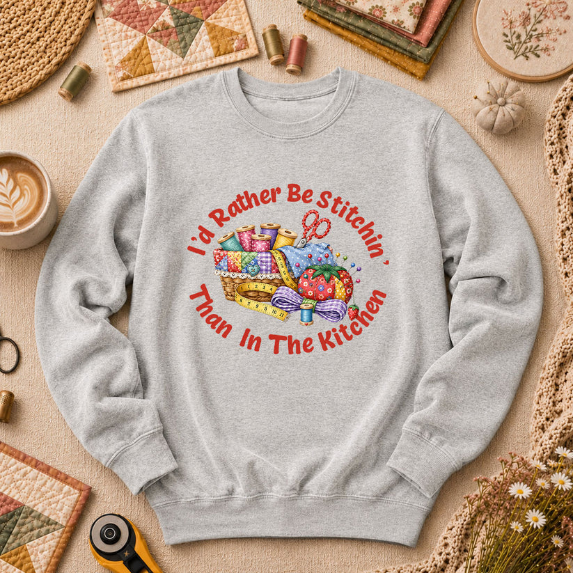 I'd Rather Be Stitchin' Than In The Kitchen Long Sleeve - Sport Grey