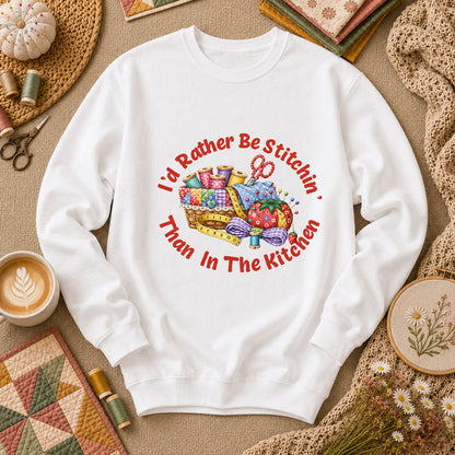 I'd Rather Be Stitchin' Than In The Kitchen Long Sleeve - White