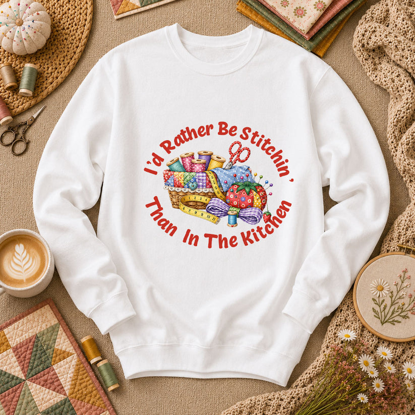 I'd Rather Be Stitchin' Than In The Kitchen Long Sleeve - White