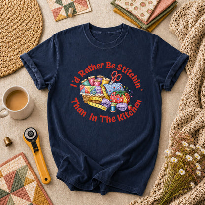 I'd Rather Be Stitchin' Than In The Kitchen T-Shirt - Navy