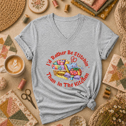 I'd Rather Be Stitchin' Than In The Kitchen Women's V-Neck - Athletic Heather