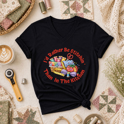 I'd Rather Be Stitchin' Than In The Kitchen Women's V-Neck - Black
