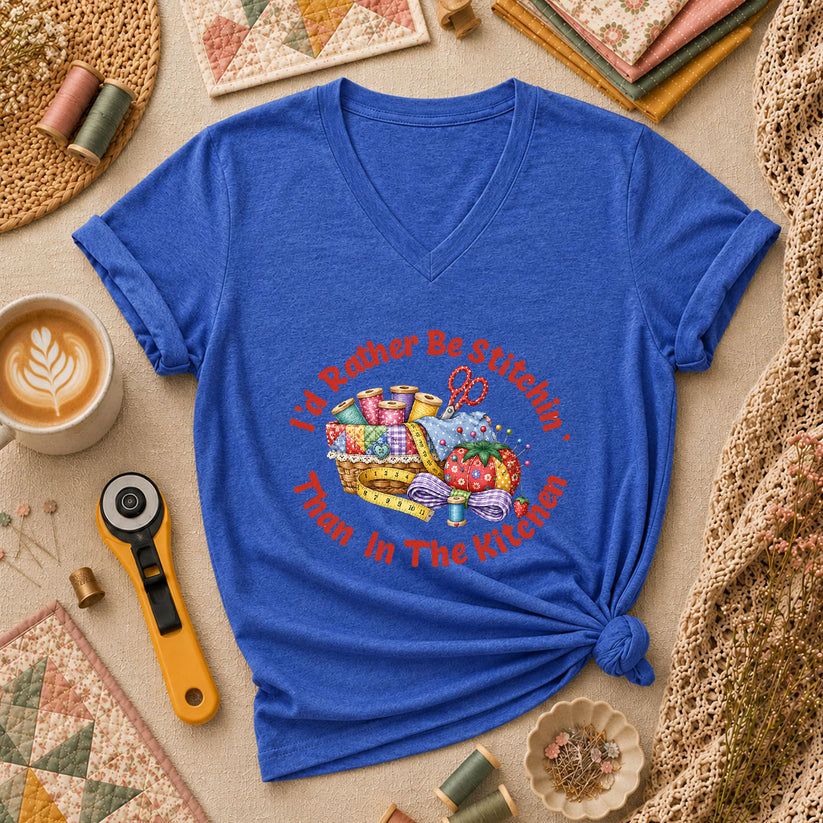 I'd Rather Be Stitchin' Than In The Kitchen Women's V-Neck - Heather True Royal