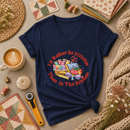 I'd Rather Be Stitchin' Than In The Kitchen Women's V-Neck - Navy