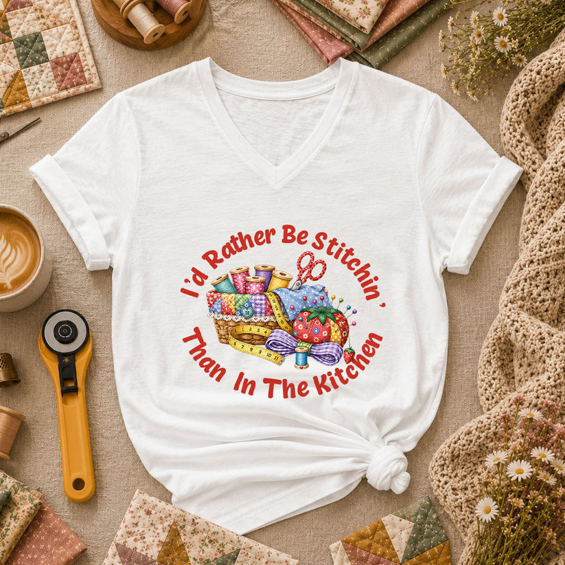 I'd Rather Be Stitchin' Than In The Kitchen Women's V-Neck - White