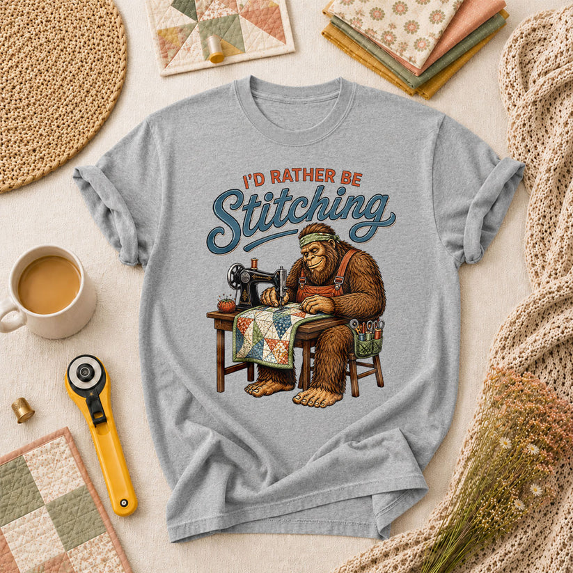 Id Rather Be Stitching Bigfoot Sewing Machine T-Shirt - Athletic Heather