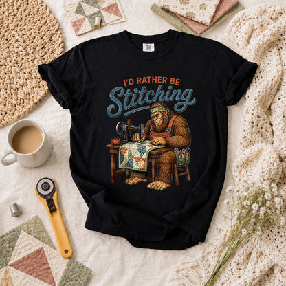 Id Rather Be Stitching Bigfoot Sewing Machine T-Shirt - Black