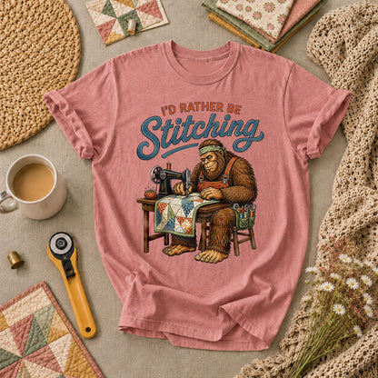 Id Rather Be Stitching Bigfoot Sewing Machine T-Shirt - Heather Mauve
