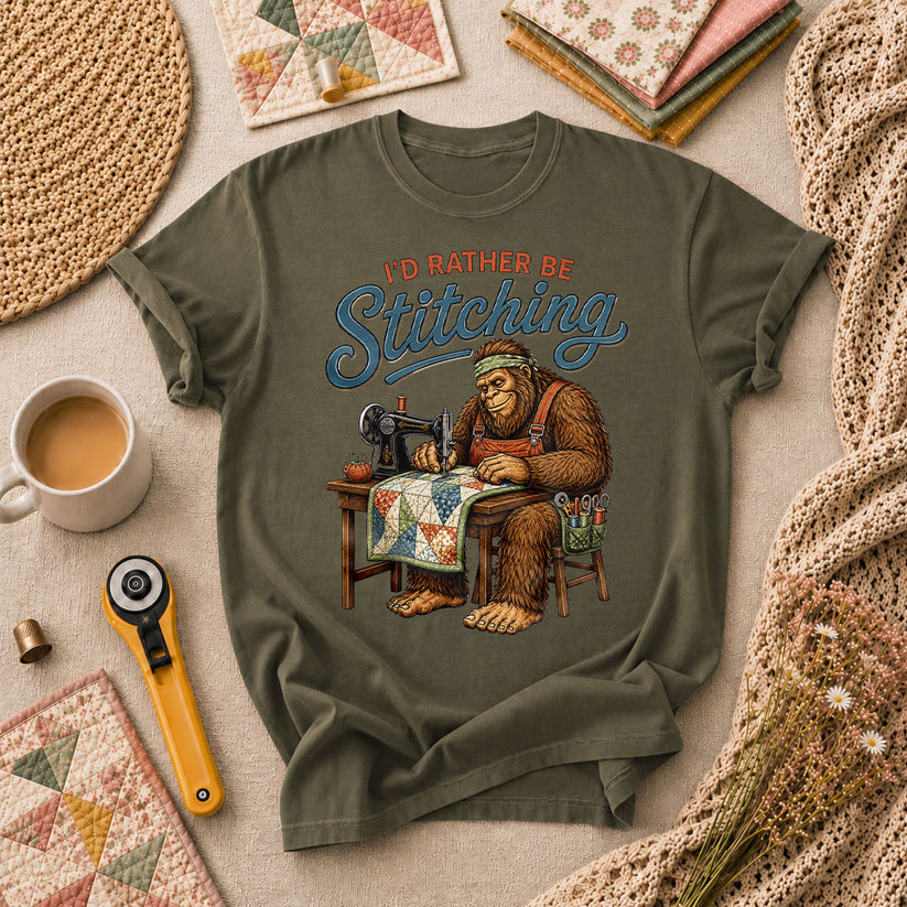 Id Rather Be Stitching Bigfoot Sewing Machine T-Shirt - Military Green
