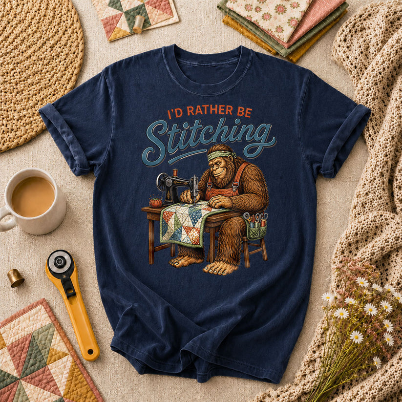 Id Rather Be Stitching Bigfoot Sewing Machine T-Shirt - Navy